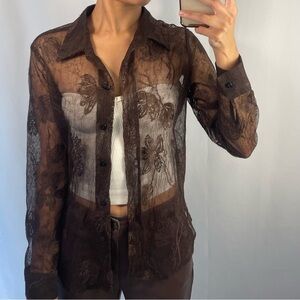 Brown lace foliage button up blouse